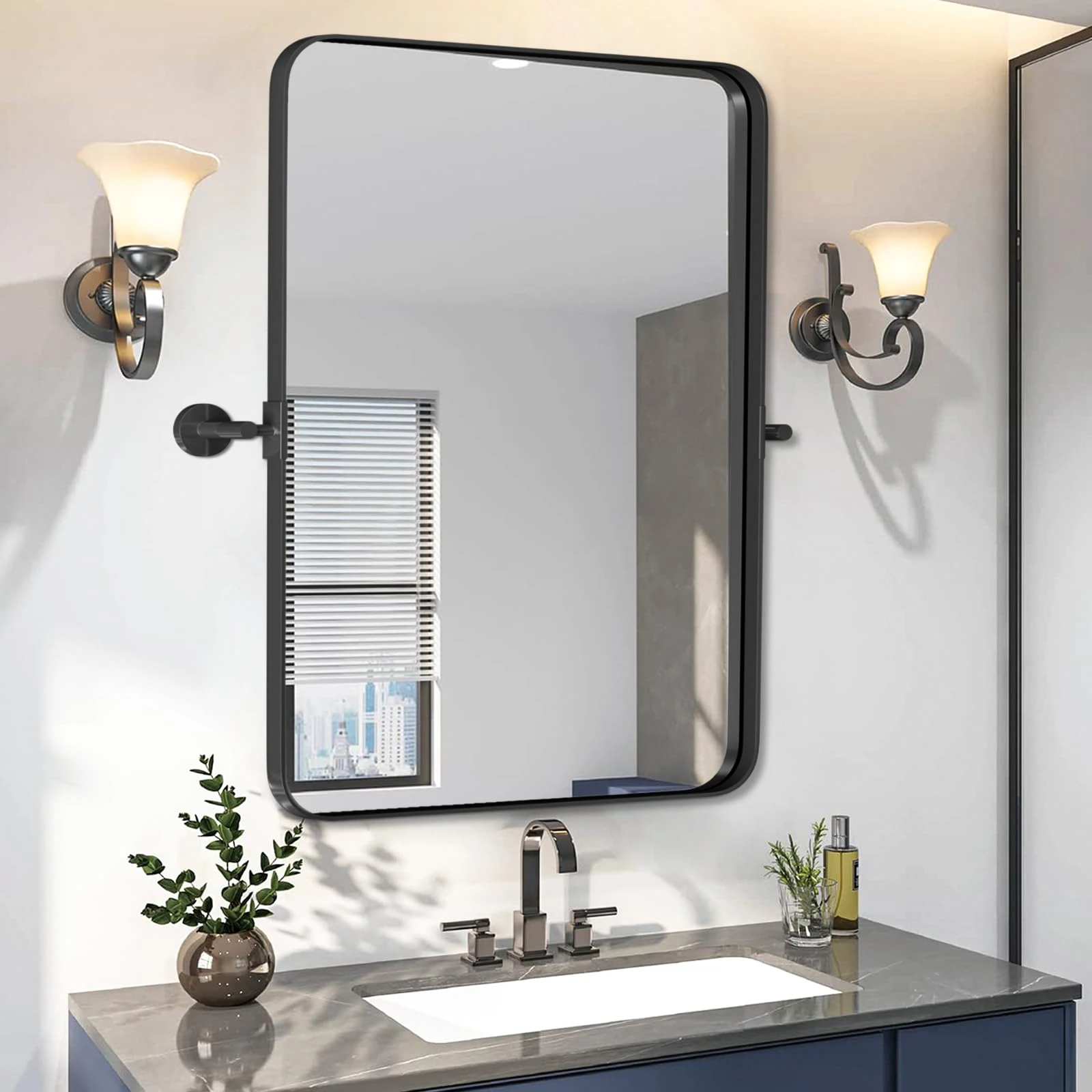 NXHOME Pivot Mirror 18X28 Inch Metal Tilting Wall Mirrors for Bathroom (Black)