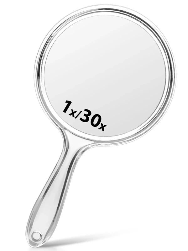 Macaki Double-Sided Handheld Mirror with 1X/30X Magnification, Perfect for Travel and Makeup, 21 x 11 cm (Transparent White, 1PC)