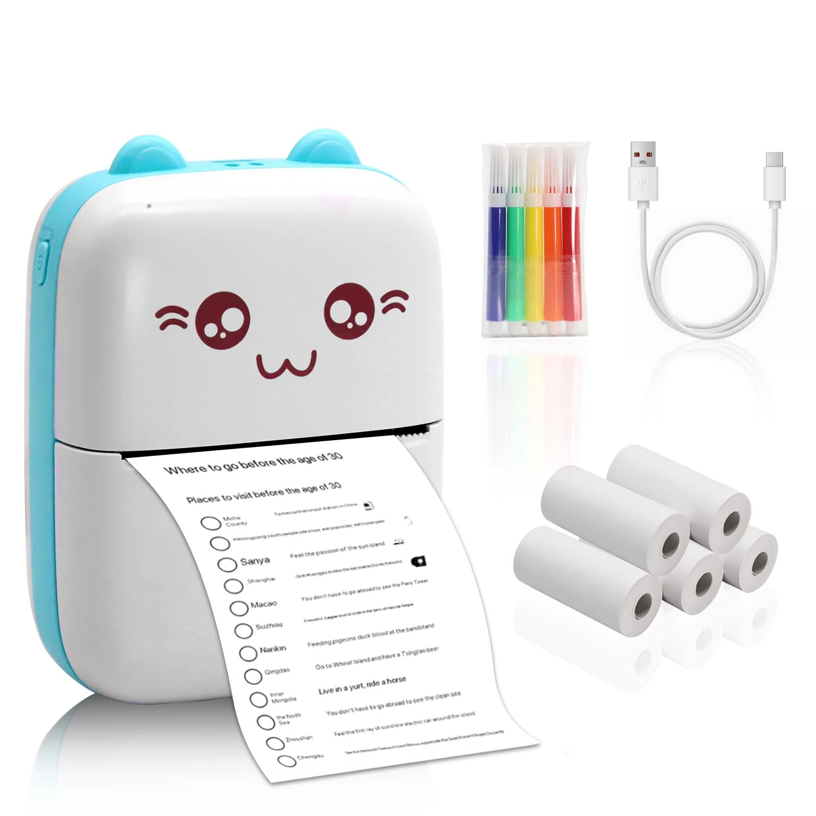 Wowfast Mini Portable Printer for iPhone, Bluetooth Sticker Printer with 5 White Rolls and 5 Colored Pens for DIY Creation, Study Notes, Pictures, Receipts, Lists (Blue)