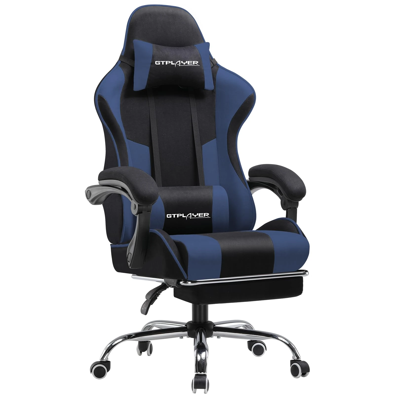 GTPLAYER Fabric Gaming Chair, Massage Ergonomic Computer Chair with Footrest, Lumbar Support, Headrest, Height Adjustable Home Office Reclining PC Racing Chairs, Blue