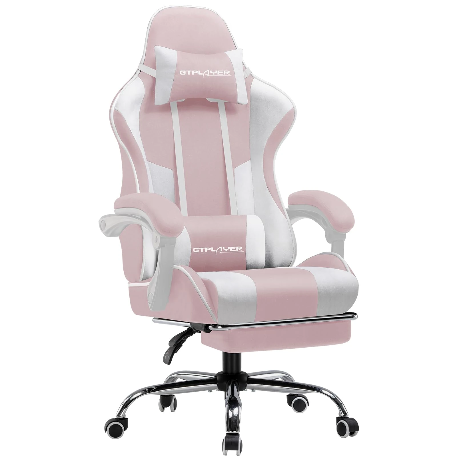 GTPLAYER Fabric Gaming Chair, Massage Ergonomic Pink Computer Chair with Footrest, Lumbar Support, Headrest, Height Adjustable Home Office Reclining PC Racing Chairs