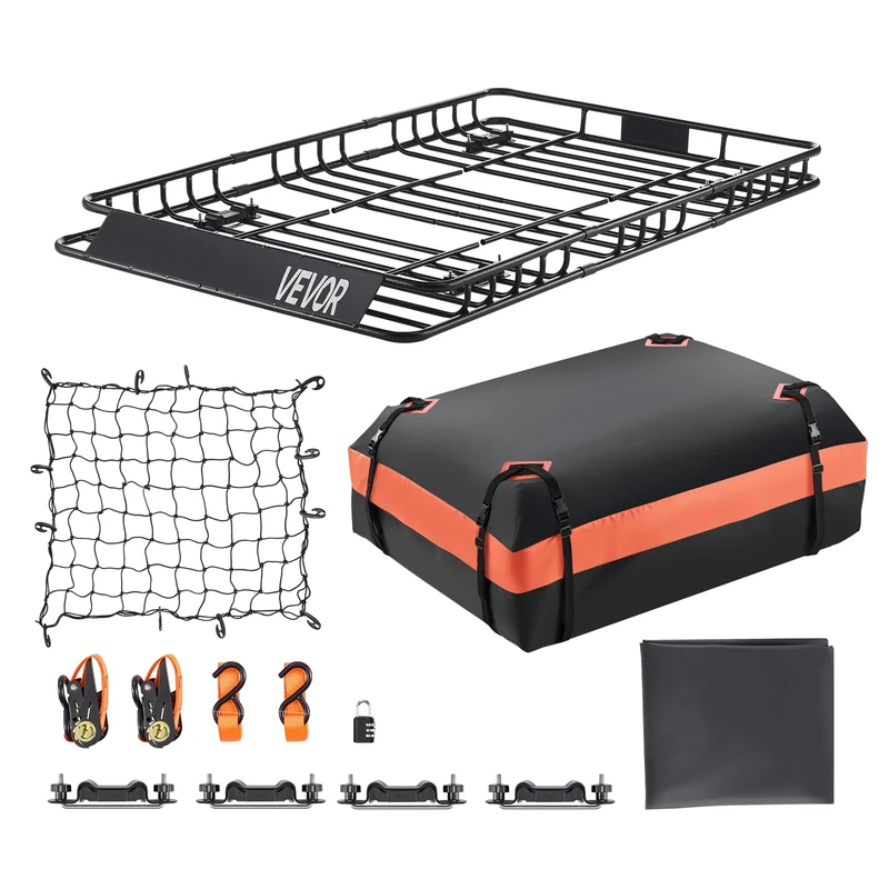 VEVOR Roof Rack Basket, 64 x 39 x 4.1 in, Universal Rooftop Cargo Carrier with 44.1 x 34.3 x 10.2 in Cargo Bag, Net, Ratchet Straps, 250 lbs Max Load Capacity Car Top Luggage Holder, for SUV Truck Car
