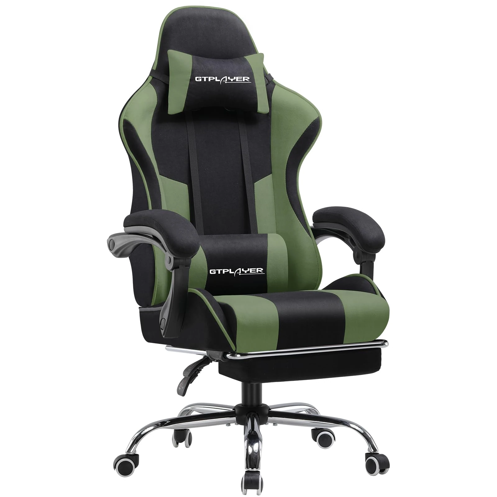GTPLAYER Fabric Gaming Chair, Massage Ergonomic Computer Chair with Footrest, Lumbar Support, Headrest, Height Adjustable Home Office Reclining PC Racing Chairs,Green