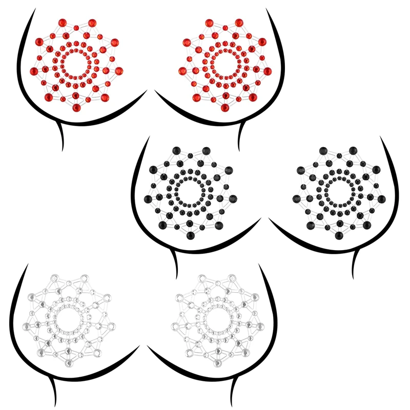 Yolev 6 Pcs Nipple Pasties Crystal Sexy Nipple Covers Stickers Glitter Rhinestone Reusable Adhesive Nipples Tassels Women Body Gems For Women Role Play (Black White Red) - Image 1