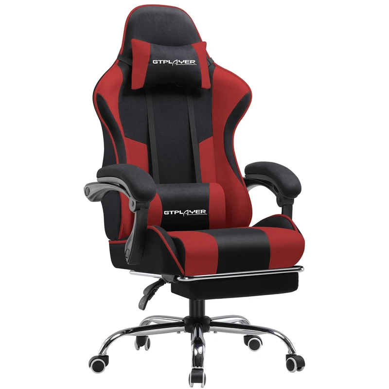 GTPLAYER Fabric Gaming Chair, Massage Ergonomic Computer Chair with Footrest, Lumbar Support, Headrest, Height Adjustable Home Office Reclining PC Racing Chairs, Red