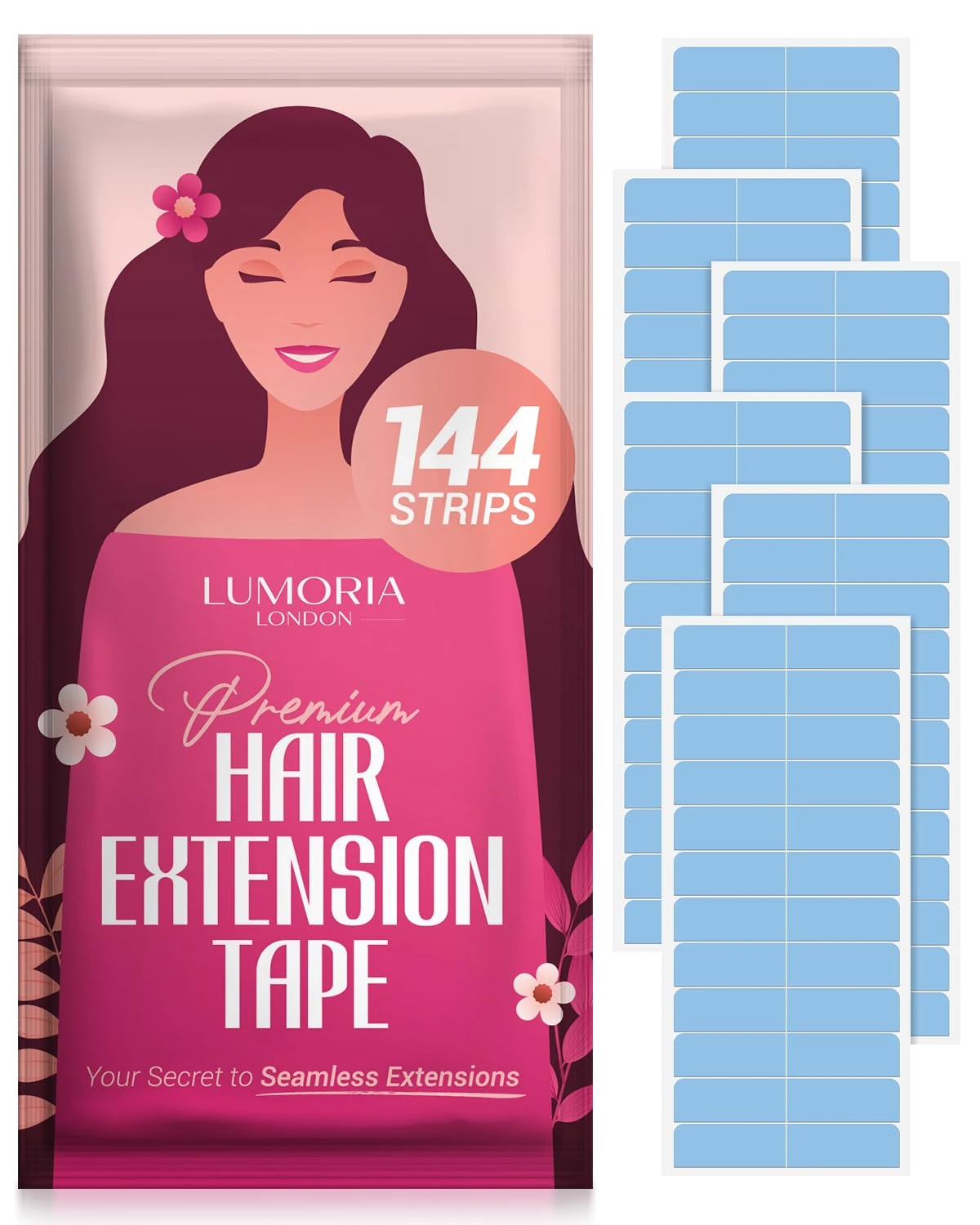 LUMORIA 144 Pcs Hair Extension Tapes Double Sided Ultra Hold - Tape Hair Extensions, Tape Extensions Hair Tape, Hair Tapes, Tape-In Extension Retape, 4 x 0.8cm Pre Cut Tabs