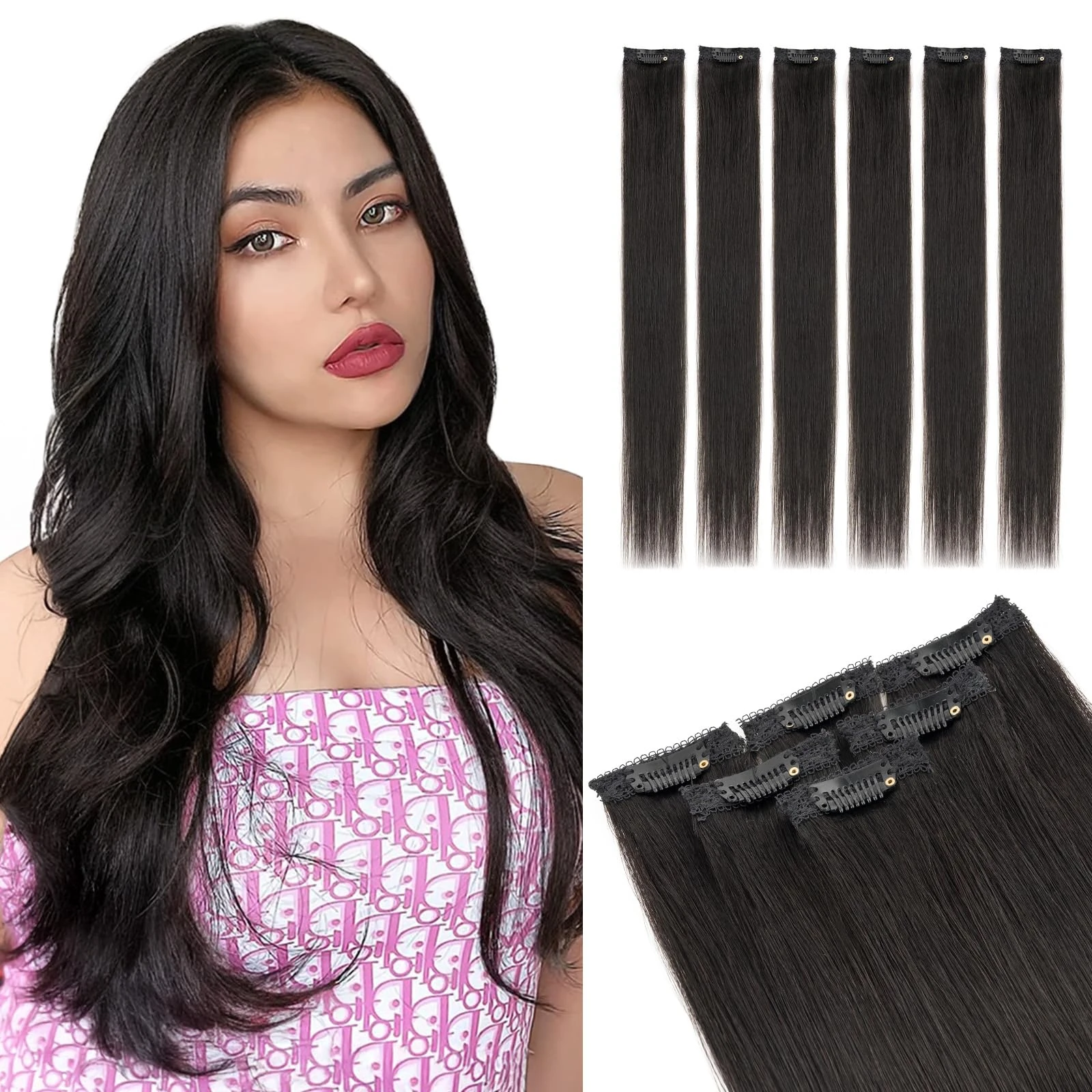 Elailite Hair Extensions Clip In Real Human Hair Remy Single Clip Black Double Weft 6 Pcs Seamless Highlights Hairpieces Straight - #1B Natural Black - 20 Inch 44g