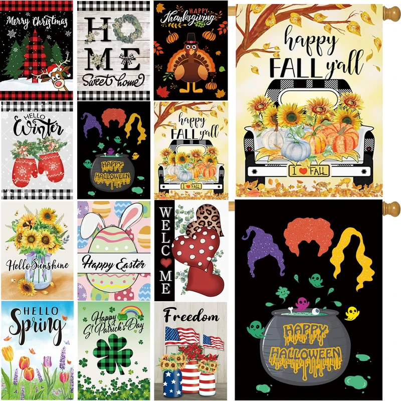 Seasonal Garden Flags Set of 12 Double Sided 28 x 40 Inch Yard Flags, Large House Flags for Outside, Fall Winter Halloween Christmas Outdoor Flags, Holiday Garden Flags for All Seasons
