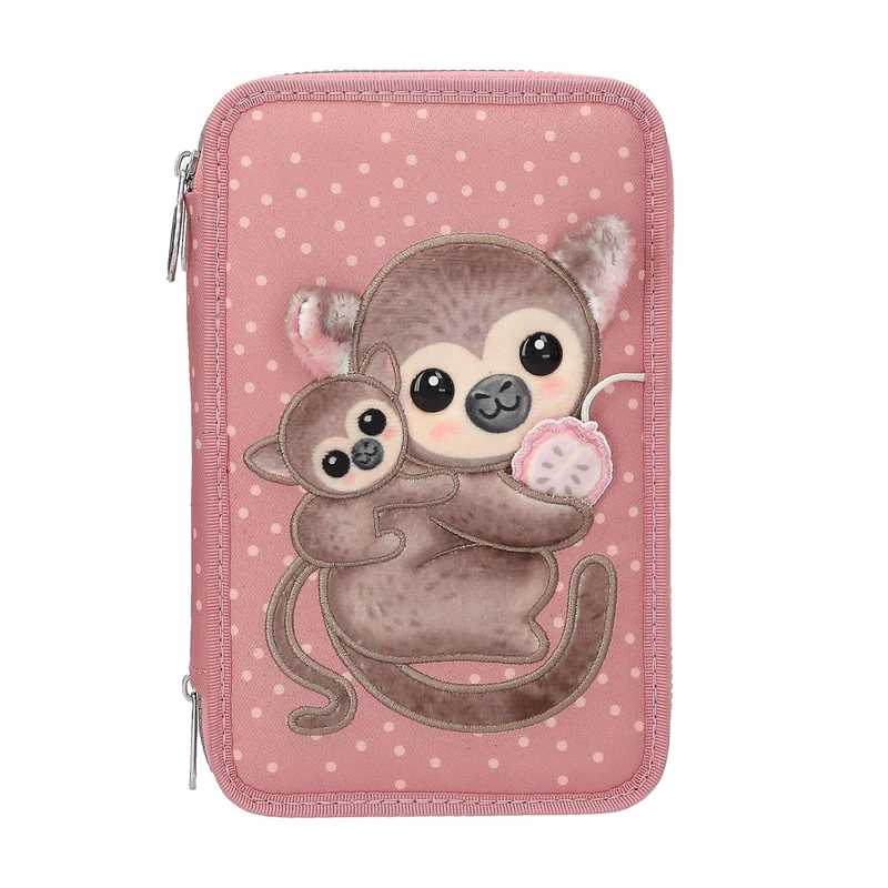 Depesche TOPModel Juicy 13323 Filled 3-Compartment Pencil Case in Dusky Pink, with Dots Pattern, Monkey Appliqué and Fruit, Pencil Case with Coloured Pencils, Scissors, Ruler and More