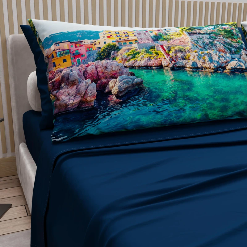 PETTI ARTIGIANI ITALIANI - Cotton Sheet Set for Double Maxi Bed with Pillowcases and Fitted Sheet 180 x 200 cm, Sicily Blue Night Design, 100% Made in Italy