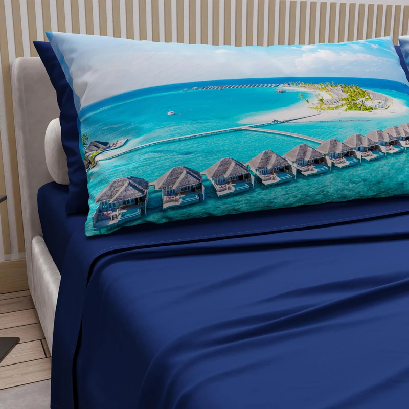 PETTI ARTIGIANI ITALIANI - Cotton Sheet Set for Double Maxi Bed with Pillowcases and Fitted Sheet 180 x 200 cm, Electric Blue Maldive Design, 100% Made in Italy