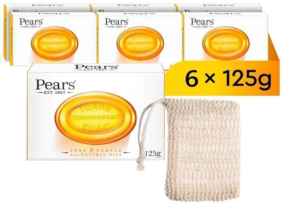 Pears Natural Amber Soap Bars 125g 6 Pack + 1x Soap Bag