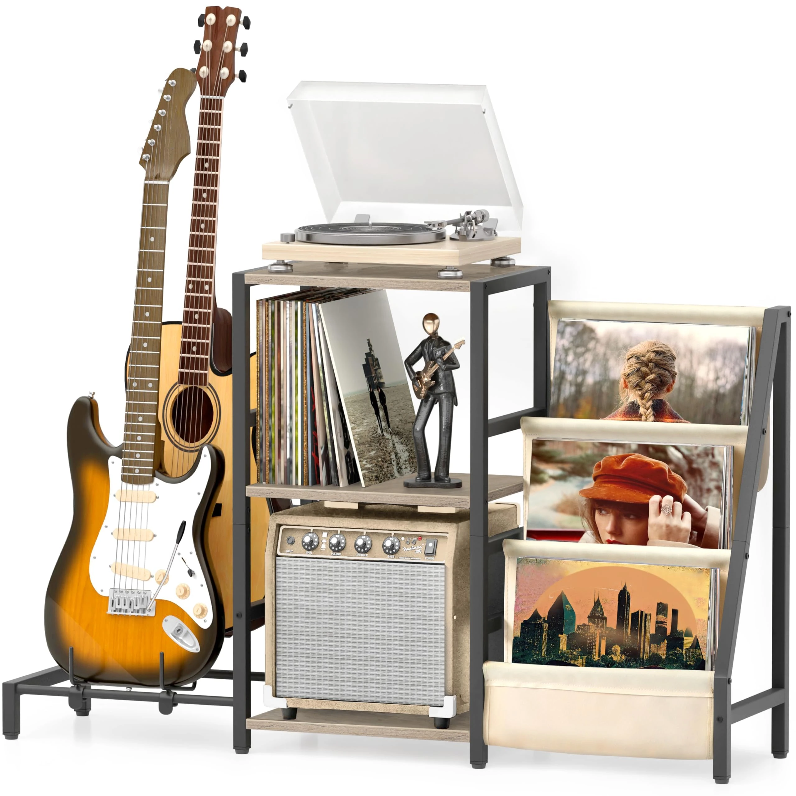 Bikoney Record Player Stand with 3-Tier Vinyl Storage and Guitar Stand, Turntable Table with Amp Shelf for Acoustic Electric Bass Guitars, Record Holder Cabinet for Bedroom or Living Room – White