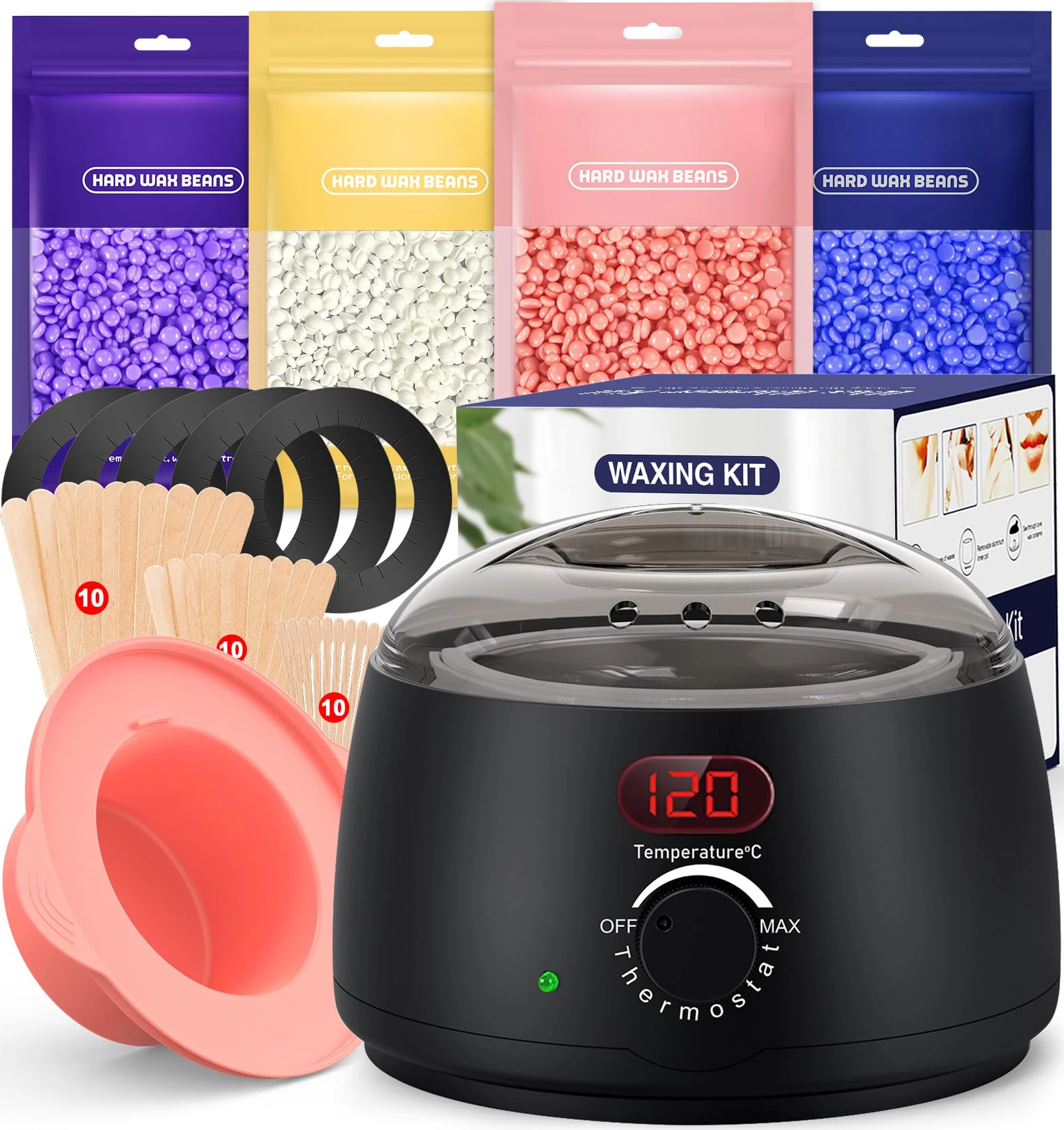 Waxing Kit-Digital Wax Warmer Machine for Hair Removal: 4 x Hard Beads Wax Pots for Sensitive Skin | Full Body, Legs, Face, Eyebrows, Bikini, Brazilian for Women & Men | Includes Silicone Bowl