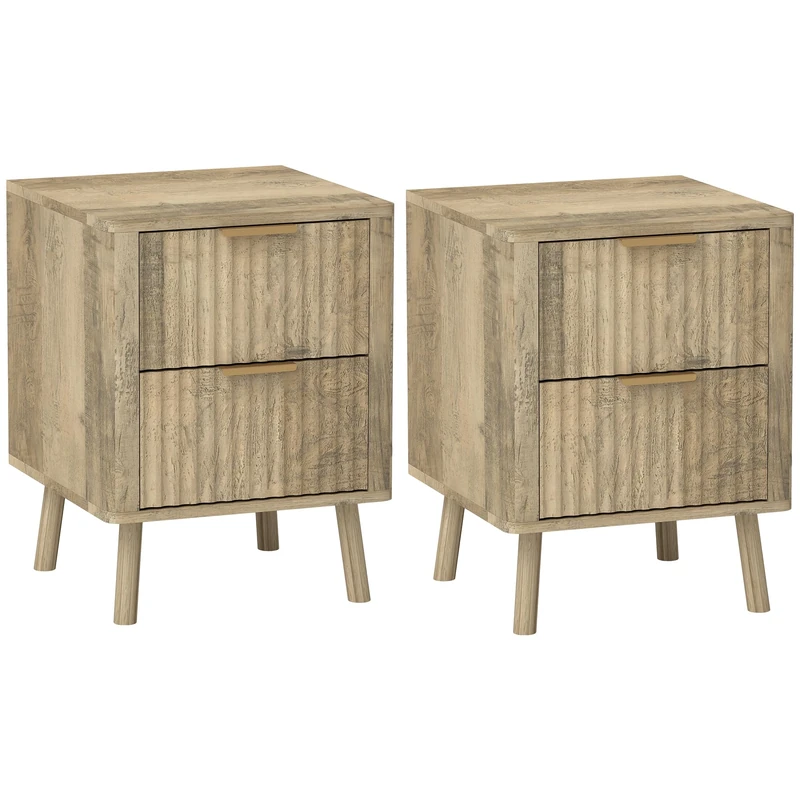 HOMCOM Set of 2 Bedside Tables Bedside Table with 2 Fluted Drawers and Rounded Edges for Bedroom, Living Room, 40 x 40 x 53 cm, Oak