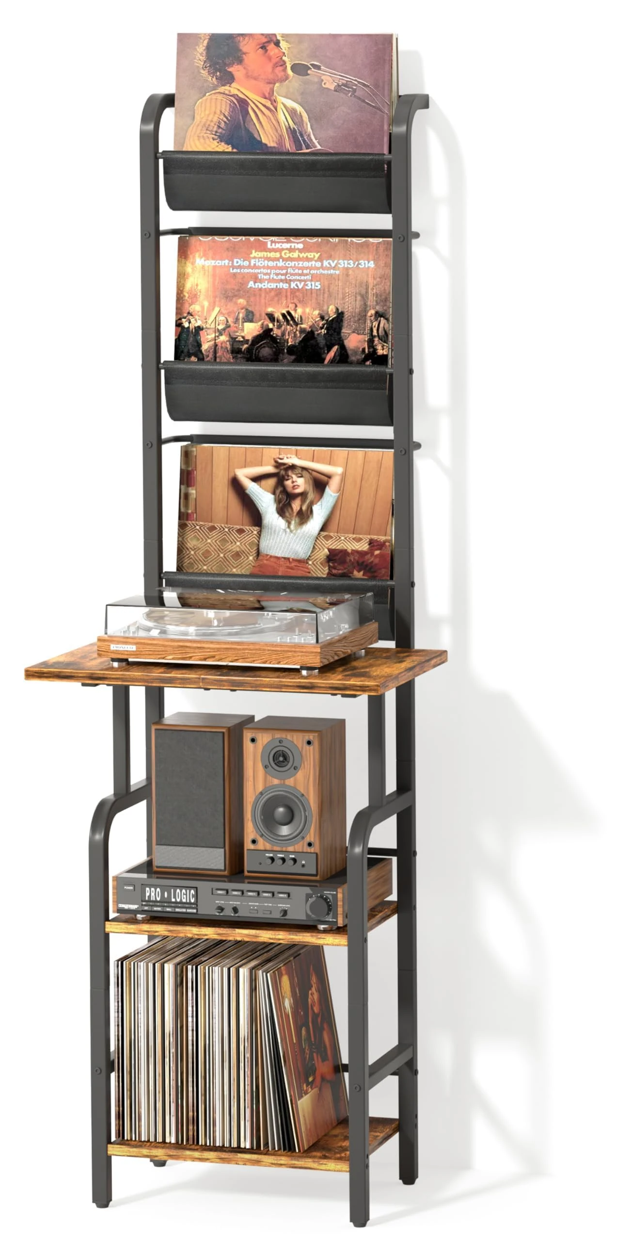 Bikoney Vinyl Record Storage with Player Stand, Tall Turntable Stand and Display Shelf for Up to 200 Albums, Vinyl Record Holder Cabinet with Wall Mount, Record Player Table for Living Room or Bedroom