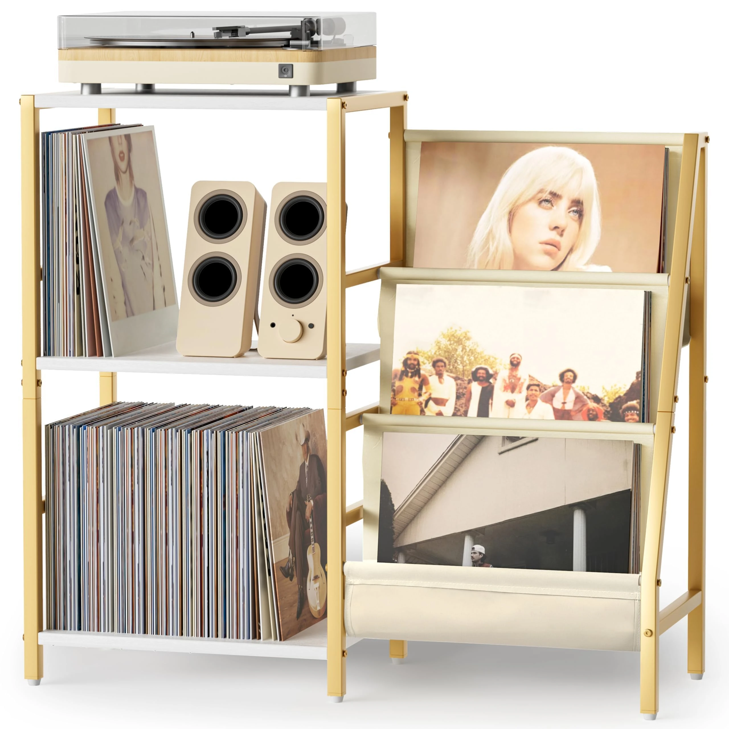 Bikoney Record Player Stand with 3-Tier Vinyl Storage – Turntable Table Holds Up to 200 Albums, Vinyl Record Holder Cabinet for Living Room, End Table for Record Players and Speakers (Gold)