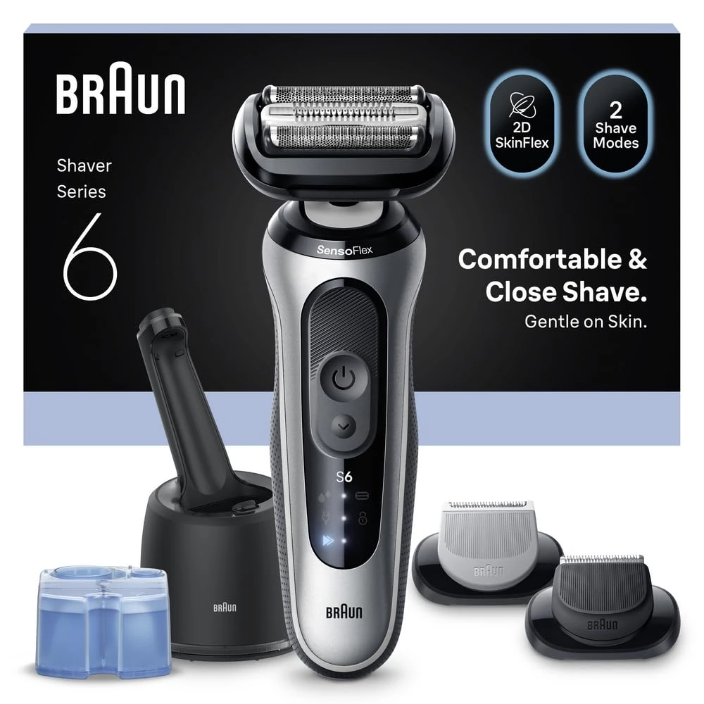 Braun Series 6 Electric Shaver for Men, Wet & Dry Razor with 4in1 SmartCare Center, Beard Trimmer & Body Groomer Attachments, 100% Waterproof, 60min Runtime, Made in Germany, Model 62-S7650CC, Silver