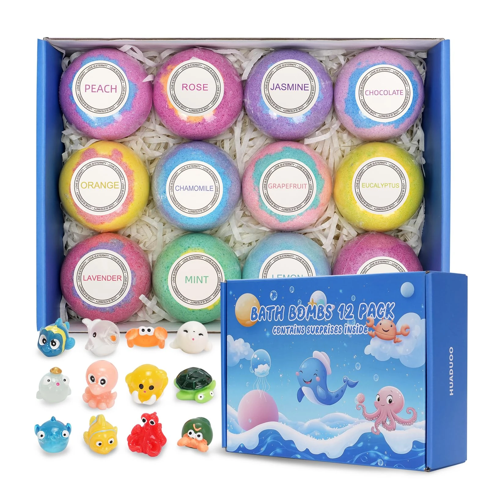 12 pcs Bath Bomb Gift Set,Handmade Natural and Organic Bubble Bombs,for Kids with Surprise Toy Inside,with Surprise Sea Animal Toy Inside,Birthday Christmas Easter Party Girls Boys