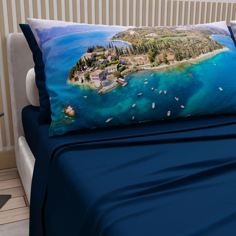 PETTI ARTIGIANI ITALIANI - Cotton Sheet Set for Double Maxi Bed with Pillowcases and Fitted Sheet 180 x 200 cm, Garda Blue Night Design, 100% Made in Italy