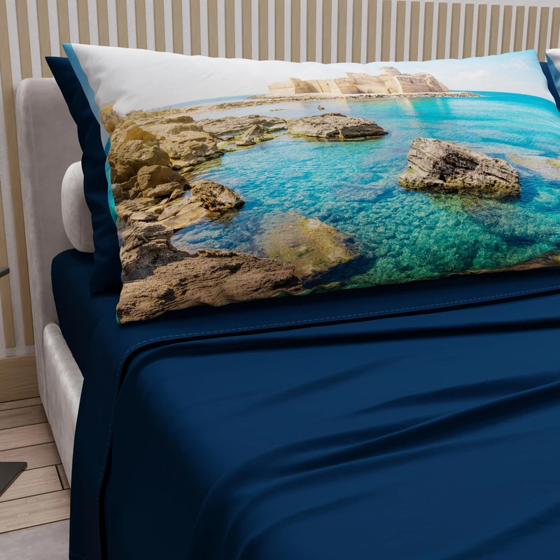 PETTI ARTIGIANI ITALIANI - Cotton Sheet Set for Single and Half French Bed with Pillowcases and Fitted Sheet 140 x 200 cm, Calabria Blue Night Design, 100% Made in Italy