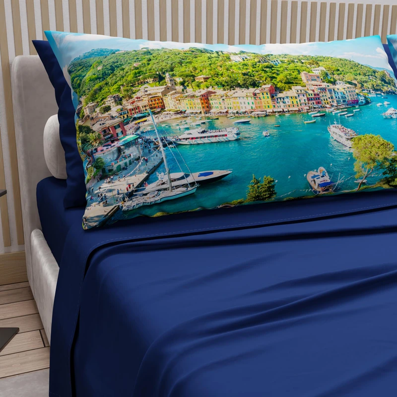 PETTI ARTIGIANI ITALIANI - Cotton Sheet Set for Double Maxi Bed with Pillowcases and Fitted Sheet 180 x 200 cm, Electric Blue Portofino Design, 100% Made in Italy