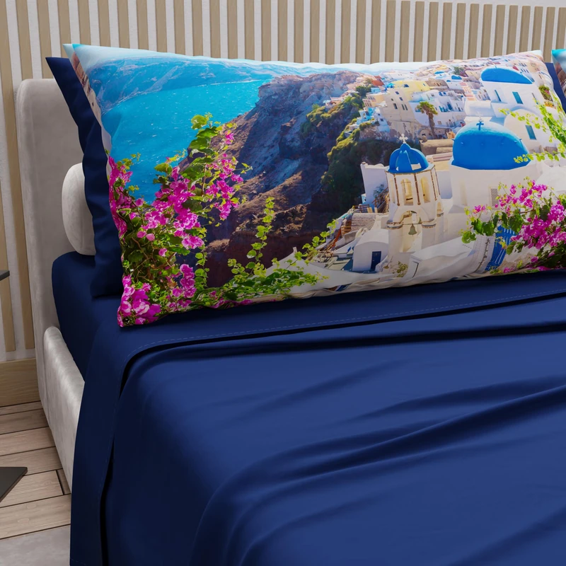 PETTI ARTIGIANI ITALIANI - Cotton Sheet Set for Double Maxi Bed with Pillowcases and Fitted Sheet 180 x 200 cm, Electric Blue Santorini Design, 100% Made in Italy
