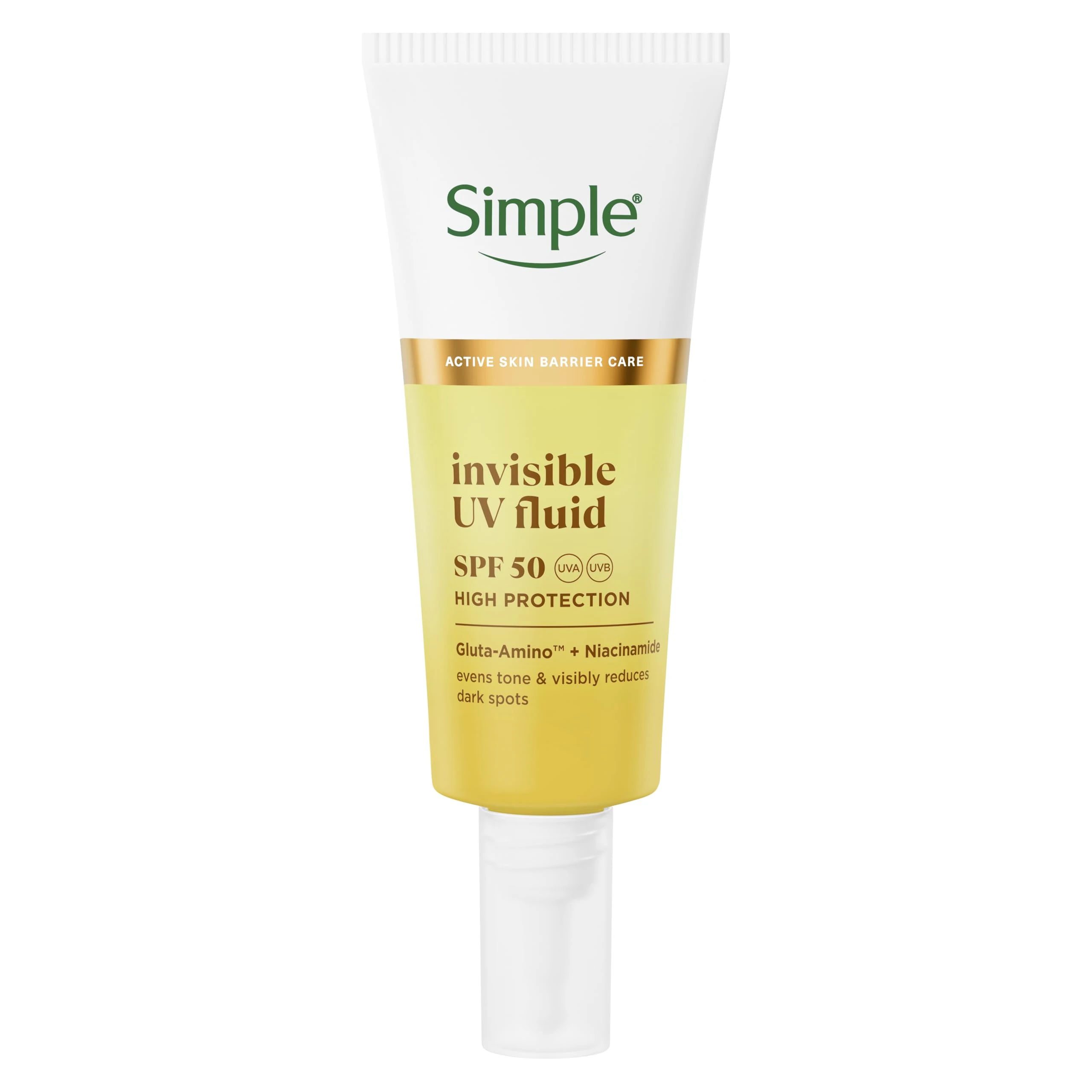 Simple Invisible UV Fluid SPF 50 UVA/UVB high sun protection evens skin tone and visibly reduces dark spots 40 ml