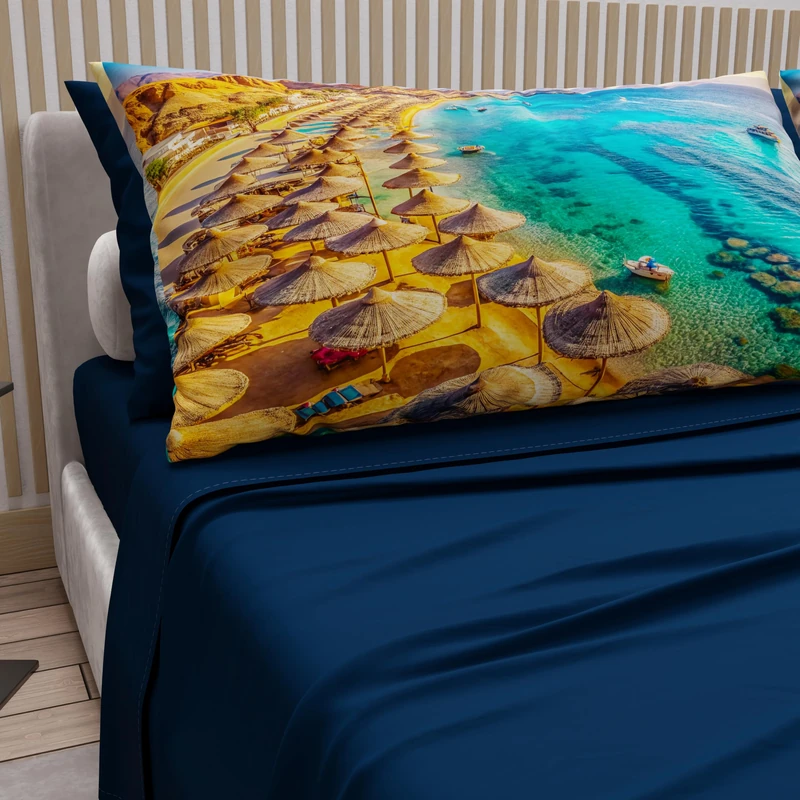 PETTI ARTIGIANI ITALIANI - Cotton Sheet Set for Double Maxi Bed with Pillowcases and Fitted Sheet 180 x 200 cm, Sharm Blue Night Design, 100% Made in Italy