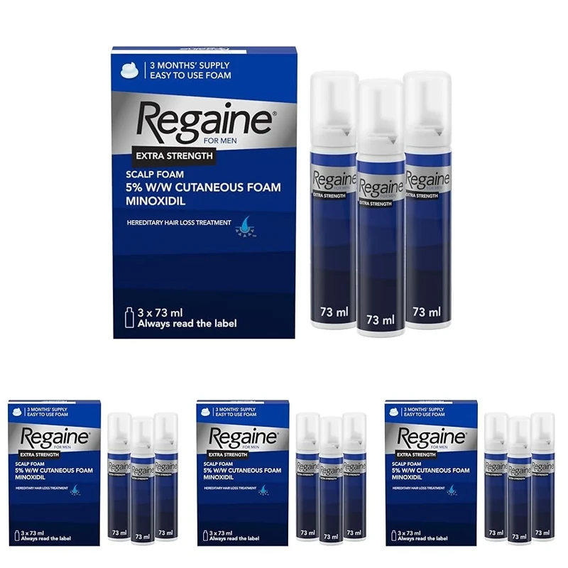 Regaine For Men Extra Strength Foam - Scientifically Proven To Help Stop Hereditary Hair Loss - Minoxidil Foam for Hair Regrowth - (3 x 73ml), Packaging May Vary (Pack of 4)