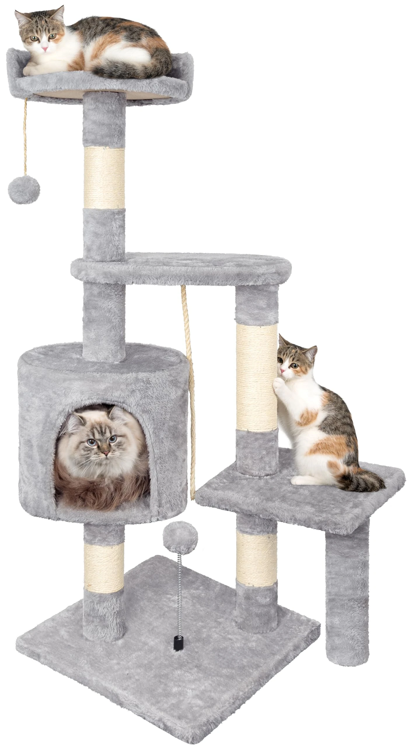 Cat Tree, 112cm Cat Scratching Post for Indoor Cats, Multi-Level Stable Cats Tower with Sisal Scratching Posts, Plush Toy Balls, Cave, Sisal Rope for Kitten Climbing, Playing, Relaxing, Grey