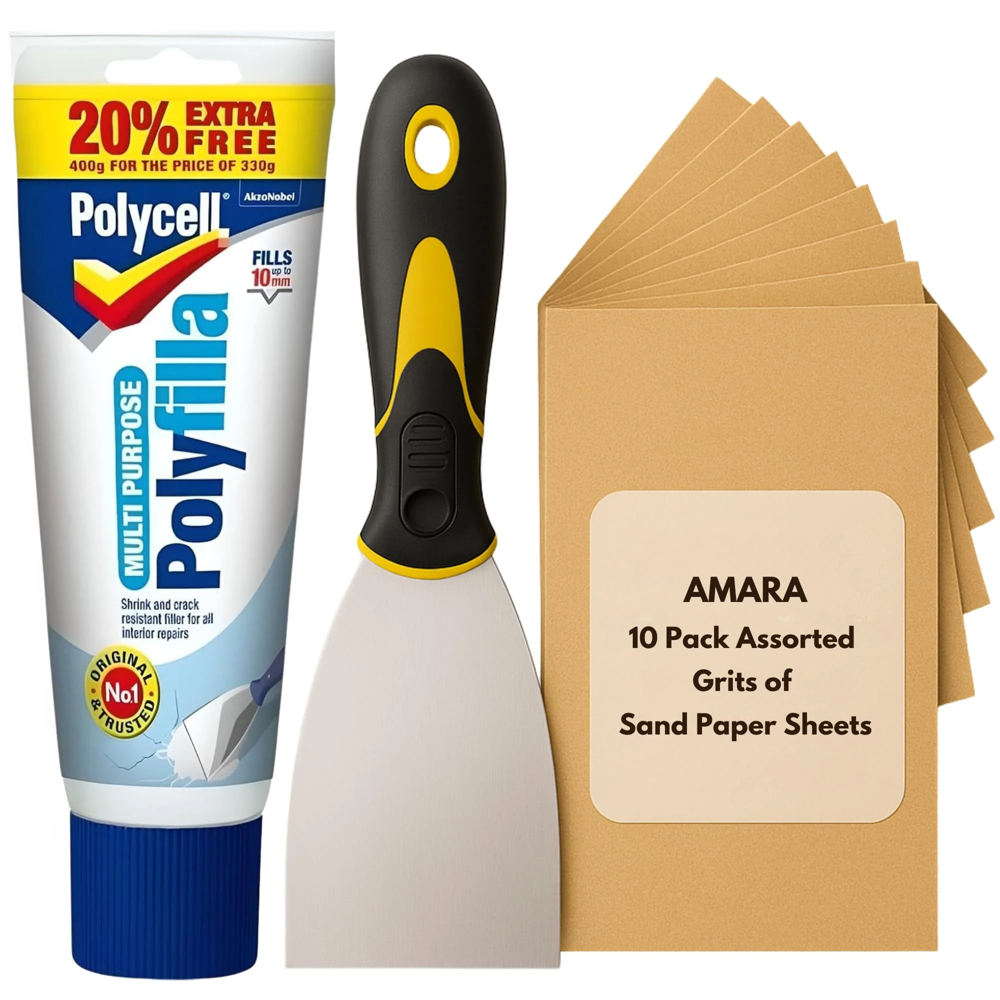 Polycell Wall Repair Bundle with Polyfilla Ready Mixed, Amara 3" Paint Scraper, and 10pcs Sandpaper for Wood & Walls – Multi-Purpose Poly Filler & Wall Filler Ready Mixed for Holes & Surface Prep