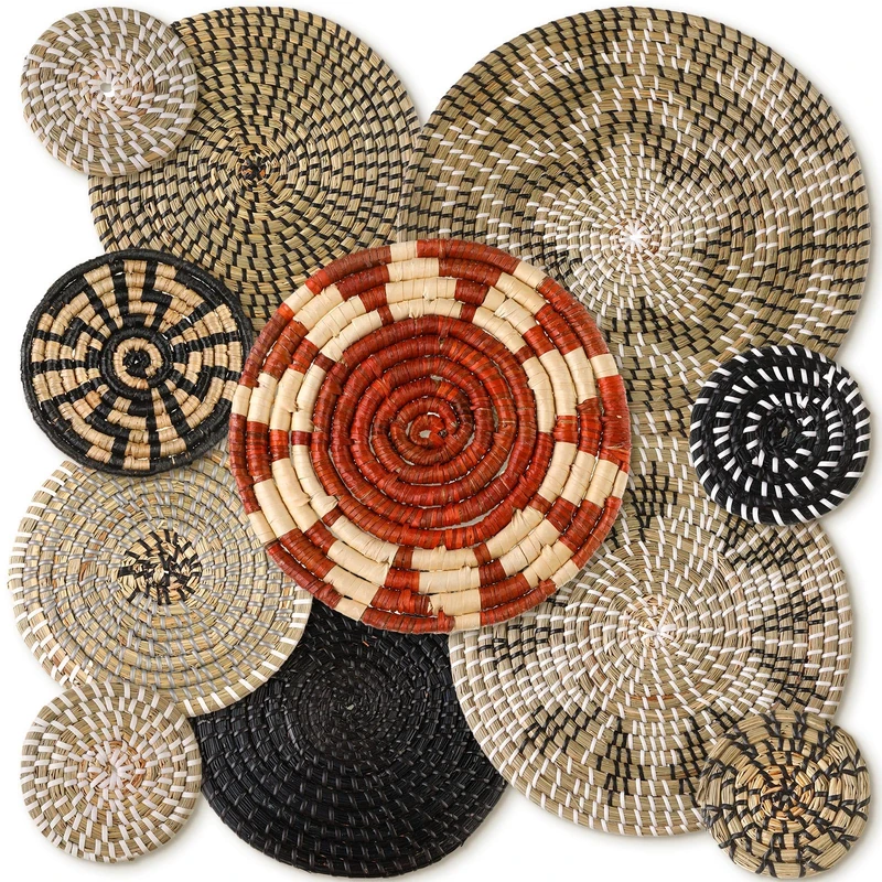 Tatuo 11 Pcs Boho Wall Basket Decor Decorative Bulrush Woven Basket Wall Decor Art Round Farmhouse Hanging Baskets for Kitchen Rustic Home Summer Decorations, Multi Sizes (Dark)