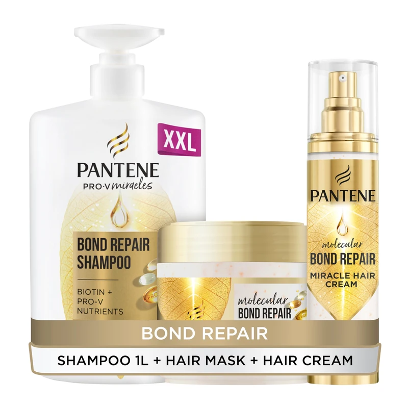 Pantene Bond Repair Shampoo 1L + 300ml Mask + 90ml Miracle 5in1 Hair Cream Leave on Treatment. With Biotin. For Damaged Hair. Nourish, Strengthen Hair, Repairs Split Ends, Protects from heat - Image 1