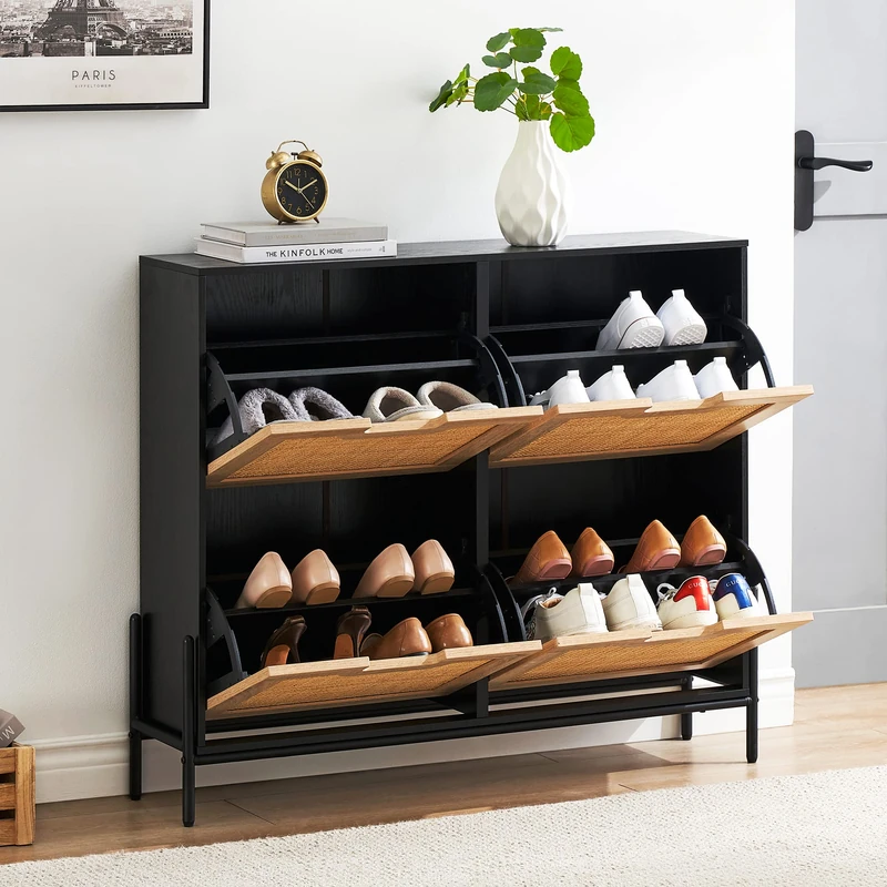 GarveeMore Shoe Cabinet with 4 Flaps, Narrow Shoe Rack, Adjustable Shoe Rack for Hallway Entrance, 100 x 24 x 88 cm - Image 1
