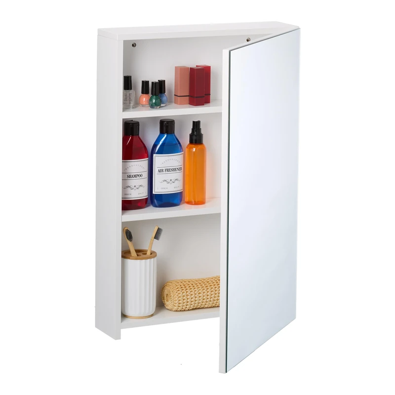 Relaxdays Mirror Cabinet, 3 Shelves, Bathroom Storage, 60.5x40x12 cm, Wall-Mounted, Toiletries & Cosmetics, MDF, White, 75% fibreboard 25% aluminium