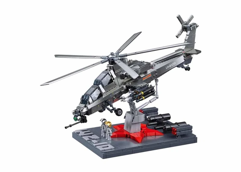 Military Attack Helicopter Building Block Set, 44.1 cm Model with Display Stand, Grey, 2 Pilot Minifigures, M38-B1233