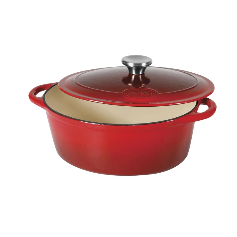 Sitram Tradifonte 717175 Oval Casserole Dish Cast Steel Enamelled 6.5 Litres Length 33 cm Red Exterior White Interior Stainless Steel Cap All Heat Sources Including Induction and Oven
