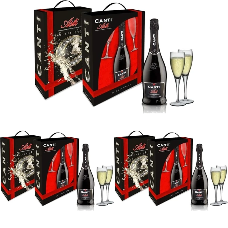 Canti - ASTI D.O.C.G. Millesimato, Spumante White Sparkling Wine, Moscato d'Asti 7%, Gift Pack with Two Glasses, Italian Grape Variety from Piemonte, Fruity and Aromatic Taste, 1x750 ml (Pack of 3)