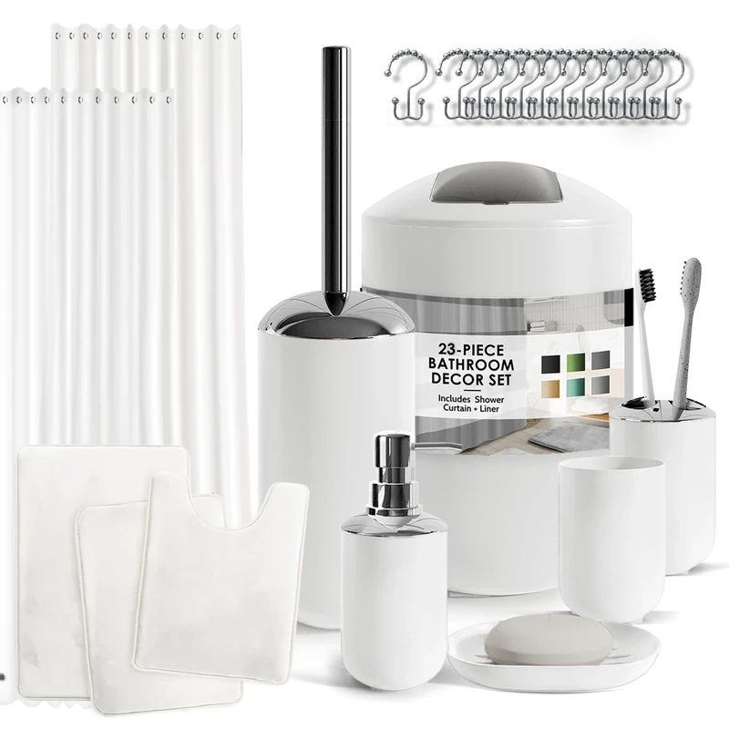 Clara Clark Bathroom Set - White Bathroom Accessories Set, Bathroom Sets with Shower Curtain and Rugs, 23PC Shower Curtain Set with Liner, Soap Dispenser, Soap Dish, Toilet Brush Holder, and Trash Can