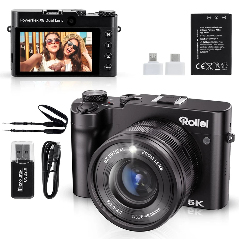 Rollei 64MP 5K Digital Camera, Powerflex X8 Dual Lens Digicam with 8X Optical Zoom Compact Camera with 3.6" Touch Screen Portable Photo Cam 3 Focus Options for Beginners Black, Digital-Camera-Digicam