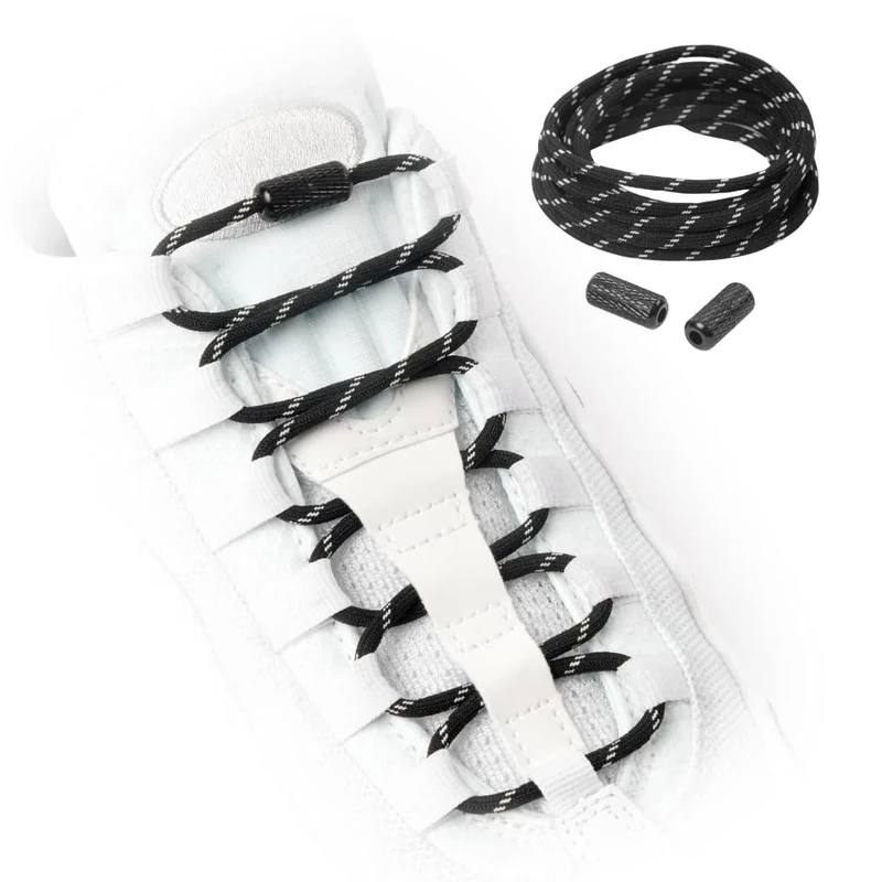 TEEZY No Tie Shoe Laces for Trainers | Premium Elastic Laces & Screw Lock Buckle | Round Shoelaces For Adult & Kids | Elastic Shoelaces Black White Colourful | ROUNDS (Black Striped)