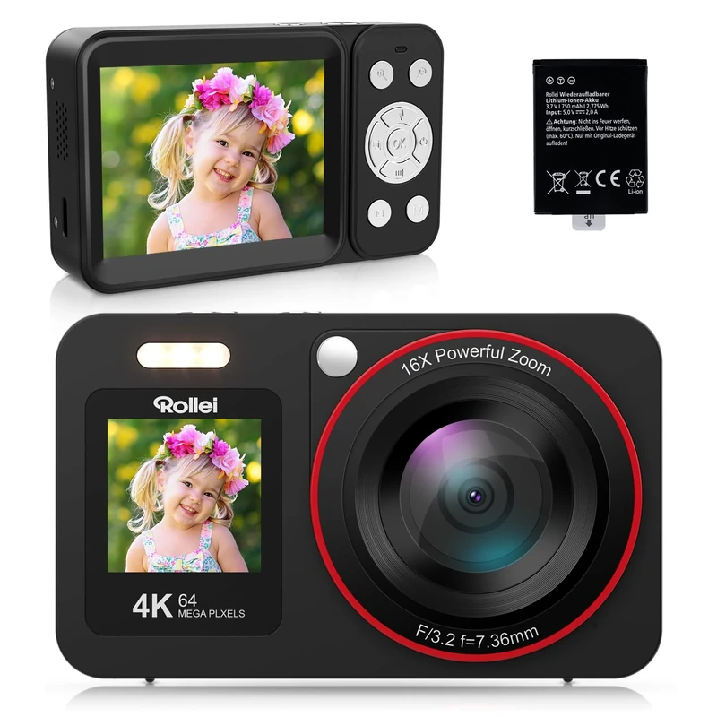 Rollei Compactline 64 Dual Screen Digital Camera, 64MP 4K Digi Cam Autofocus with 18X Zoom Portable Selfie Vlogging Camera Compact Digicam for Kids Teens Beginners Black, Digital-Camera-Digicam