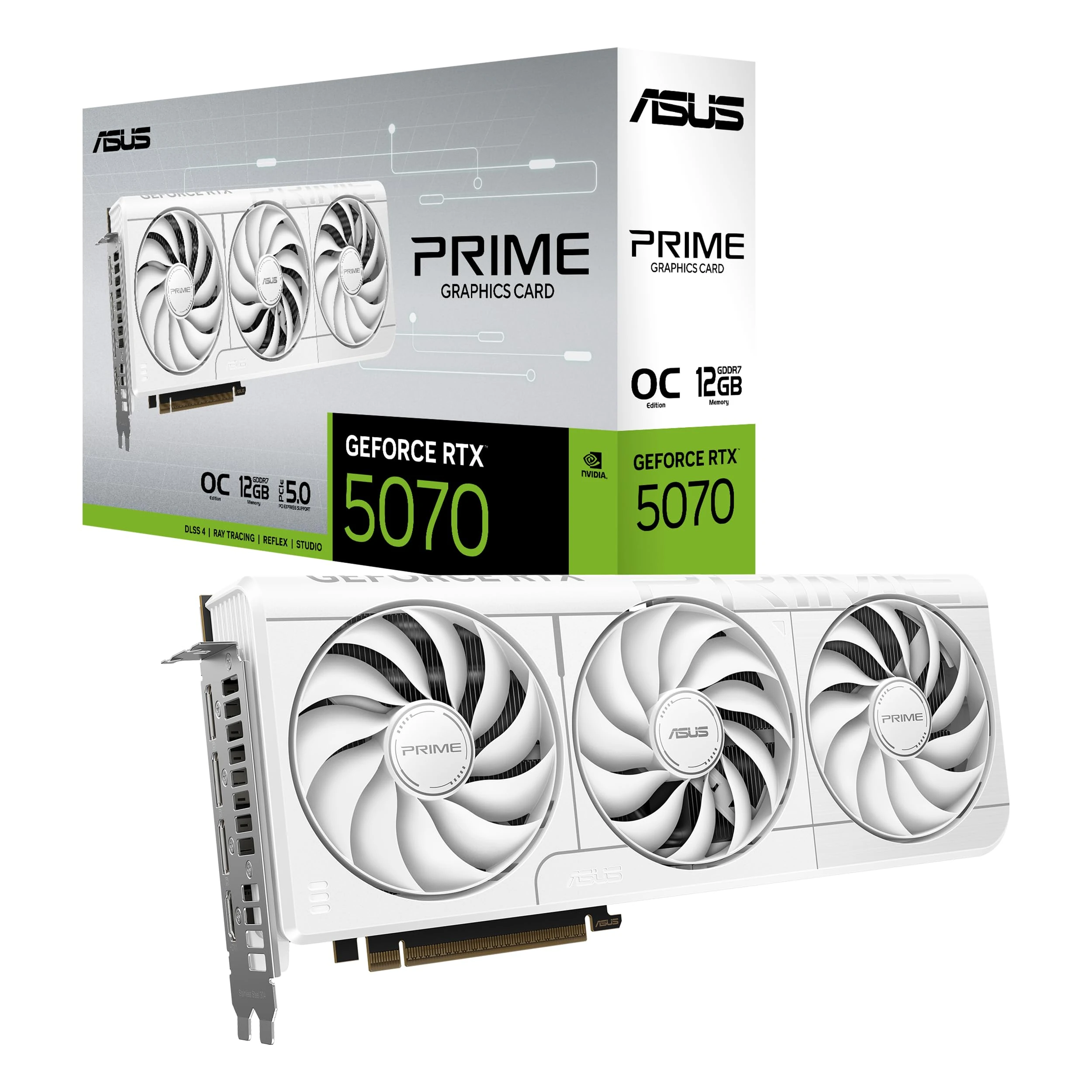 ASUS PRIME NVIDIA GeForce RTX 5070 OC Edition, 12GB GDDR7, 192 Bit, PCIe 5.0, 2.5 Slot Design, 3 Axial-Tech Fans, 1 HDMI 2.1, 3 DisplayPort 2.1, White, PRIME-RTX5070-O12G-WHITE
