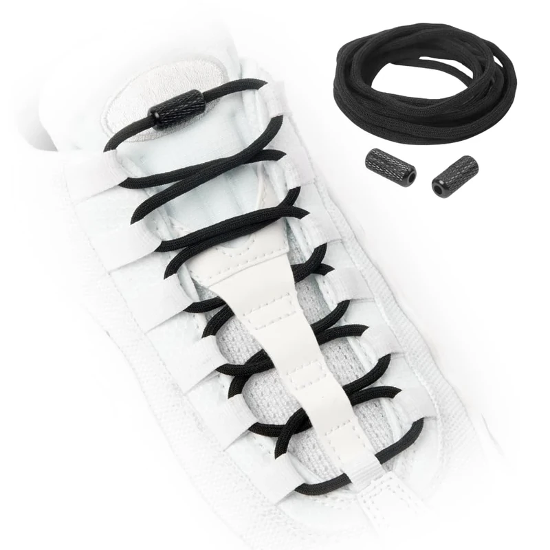 TEEZY No Tie Shoe Laces for Trainers | Premium Elastic Laces & Screw Lock Buckle | Round Shoelaces For Adult & Kids | Elastic Shoelaces Black White Colourful | ROUNDS (Plain Black)