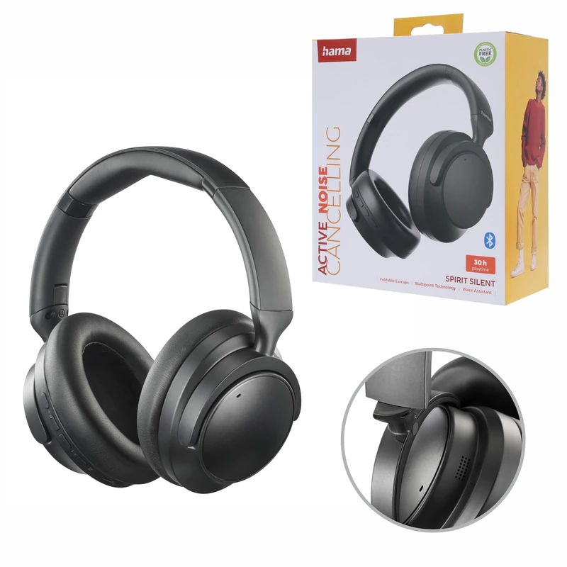 Hama, Spirit Silent Bluetooth Over-Ear Headphones, Hybrid ANC, Micro, Bag blk