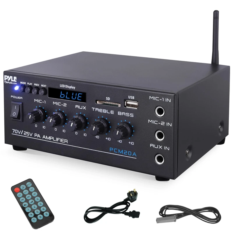 Pyle Compact Mini Home Power Amplifier - 40W Smart Small Audio Stereo Receiver w/AUX, 2 Microphone IN, COM/8-Ohm/25V/70V Speakers, LED, Input Selector, For PA, Amplified Speaker Sound System