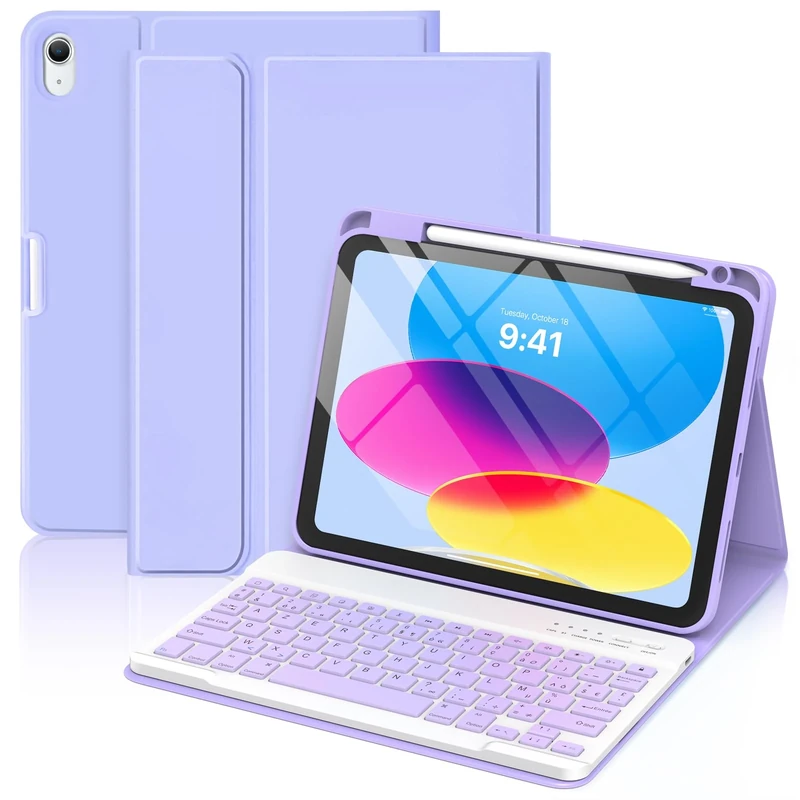 GAOJIE Keyboard Case for iPad A16 11th Generation 2025/10th Generation 2022(11/10.9 inch), Keyboard Cover with Pencil Holder, Wireless Detachable Keyboard for iPad 11/10 Gen ((Light Purple))