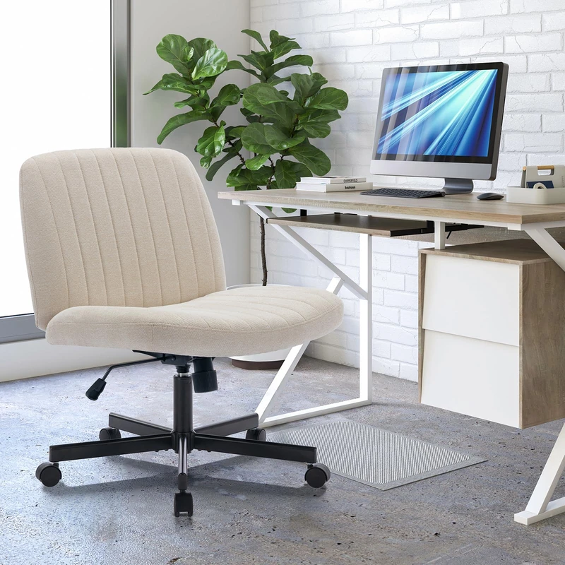 COLAMY Wide Office Chair, Padded Armless Task Vanity Chair Swivel Home Office 115°Rocking Mid Back Ergonomic Computer Chair for Home Working, Make Up, Gaming (With Wheels, Beige) - Image 1
