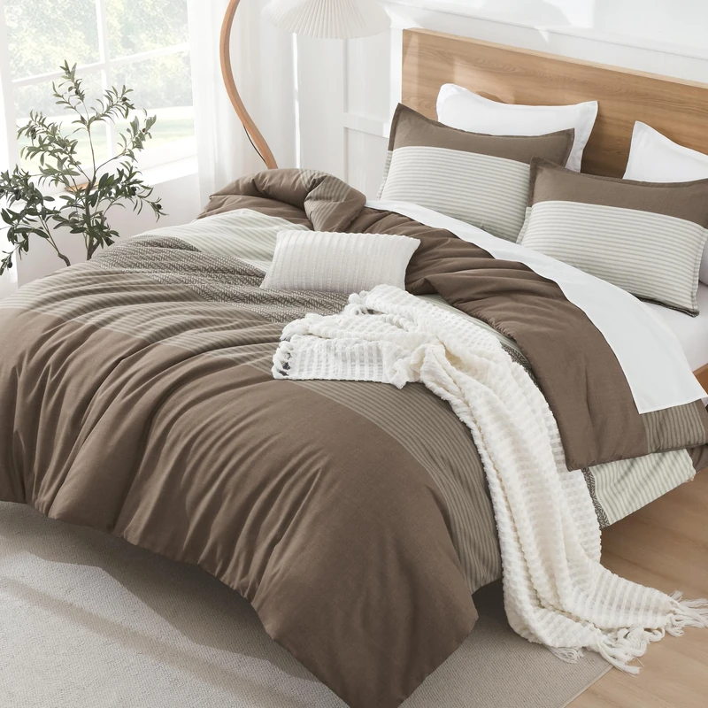 Litanika Coffee Full Comforter Set - 3 Pieces Stripe Bedding Comforter Sets